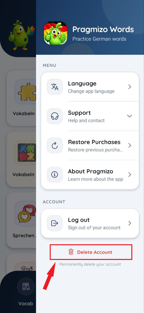 Pragmizo Words app menu with the Delete Account button highlighted